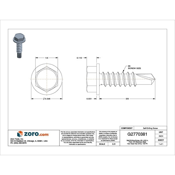 Self-Drilling Screw, #8 x 5/8 in, Plain 410 Stainless Steel Hex Head Hex Drive, 100 PK