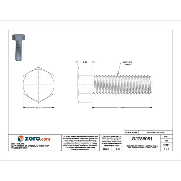 Class 10.9, M8-1.25 Hex Head Cap Screw, Blue Phosphate Steel, 25 mm L, 50 PK