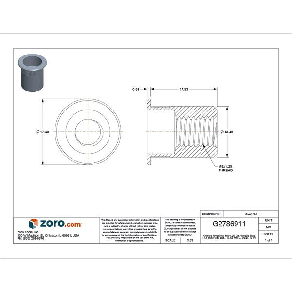 Rivet Nut, M8-1.25 Thread Size, 170.4 mm Flange Dia., 17.53 mm L, Steel, 10 PK