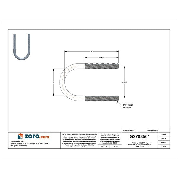 Round U-Bolt, 3/8