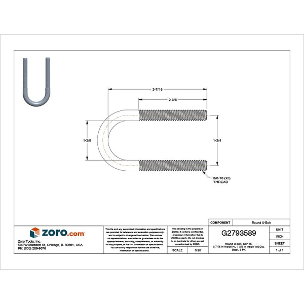 Round U-Bolt, 3/8
