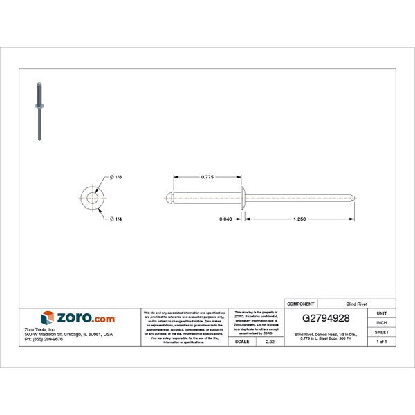 Blind Rivet, Dome Head, 1/8 in Dia., 25/32 in L, Steel Body, 500 PK