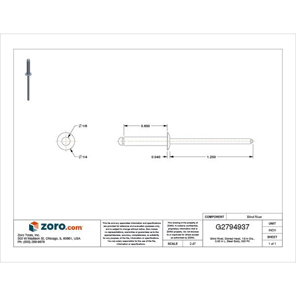 Blind Rivet, Dome Head, 1/8 in Dia., 21/32 in L, Steel Body, 500 PK
