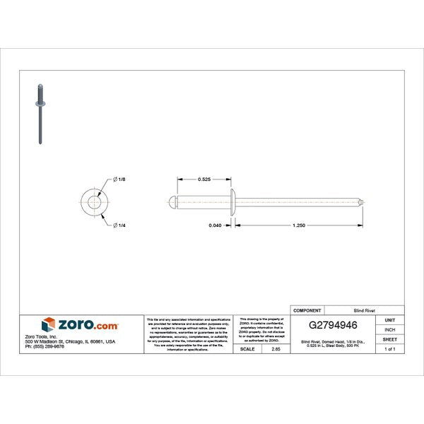 Blind Rivet, Dome Head, 1/8 in Dia., 17/32 in L, Steel Body, 500 PK
