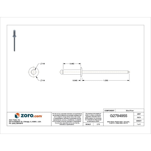 Blind Rivet, Dome Head, 1/8 in Dia., 15/32 in L, Steel Body, 500 PK