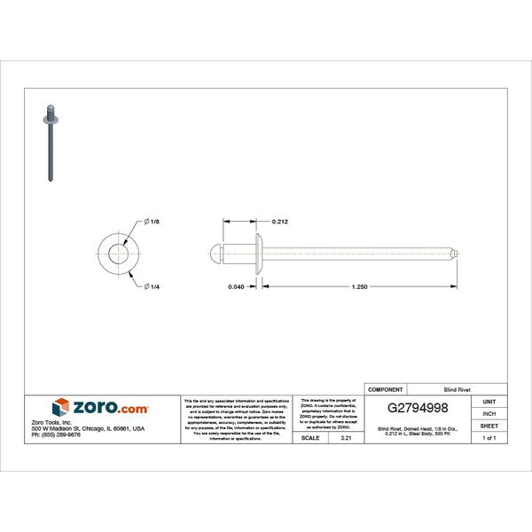 Blind Rivet, Dome Head, 1/8 in Dia., 7/32 in L, Steel Body, 500 PK