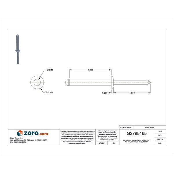 Blind Rivet, Dome Head, 3/16 in Dia., 1-13/64 in L, Aluminum Body, 250 PK