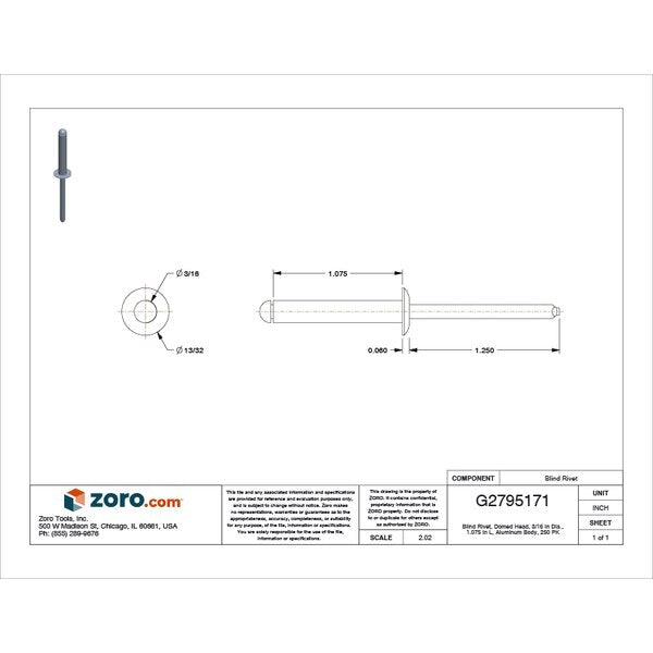 Blind Rivet, Dome Head, 3/16 in Dia., 1-5/64 in L, Aluminum Body, 250 PK
