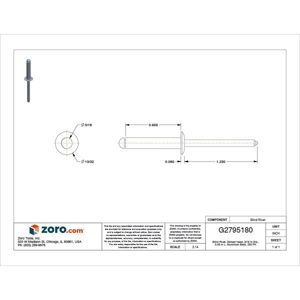 Blind Rivet, Dome Head, 3/16 in Dia., 61/64 in L, Aluminum Body, 250 PK