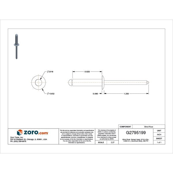 Blind Rivet, Dome Head, 3/16 in Dia., 53/64 in L, Aluminum Body, 250 PK