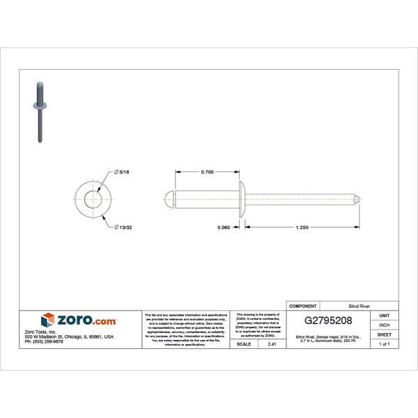 Blind Rivet, Dome Head, 3/16 in Dia., 45/64 in L, Aluminum Body, 250 PK