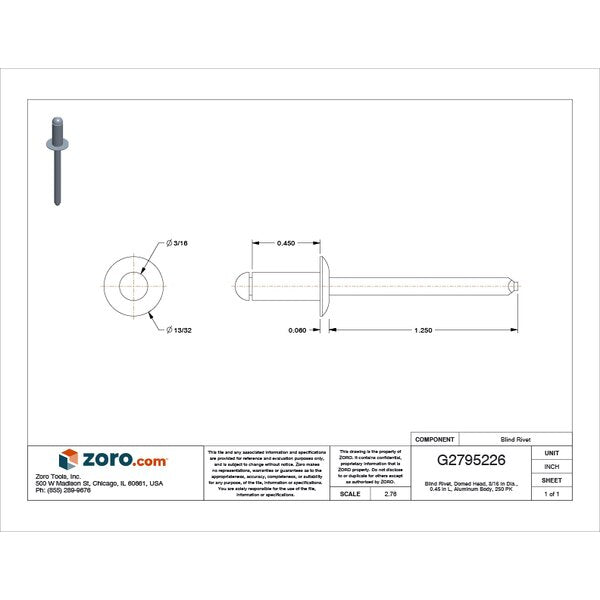 Blind Rivet, Dome Head, 3/16 in Dia., 29/64 in L, Aluminum Body, 250 PK