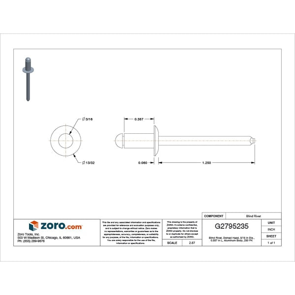 Blind Rivet, Dome Head, 3/16 in Dia., 25/64 in L, Aluminum Body, 250 PK