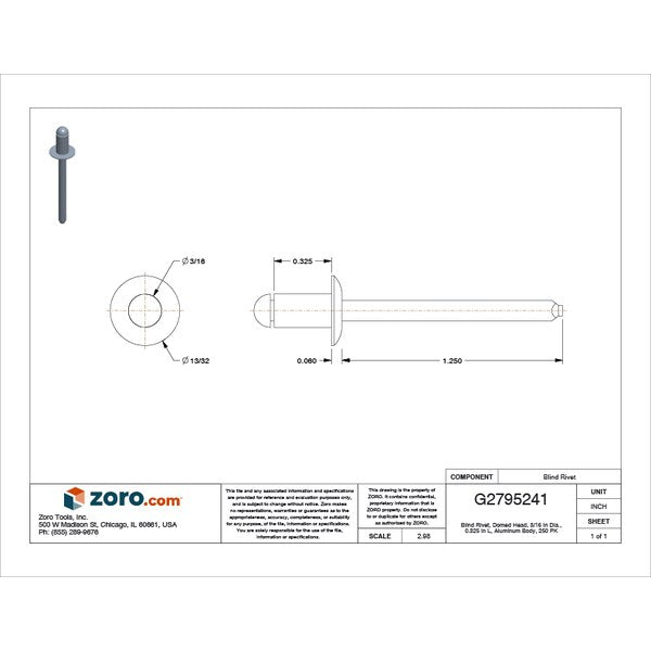 Blind Rivet, Dome Head, 3/16 in Dia., 21/64 in L, Aluminum Body, 250 PK
