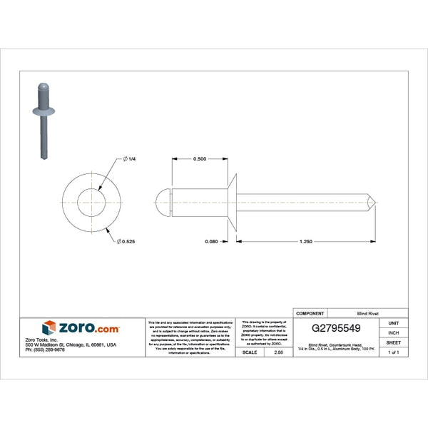 Blind Rivet, Countersunk Head, 1/4 in Dia., 1/2 in L, Aluminum Body, 100 PK