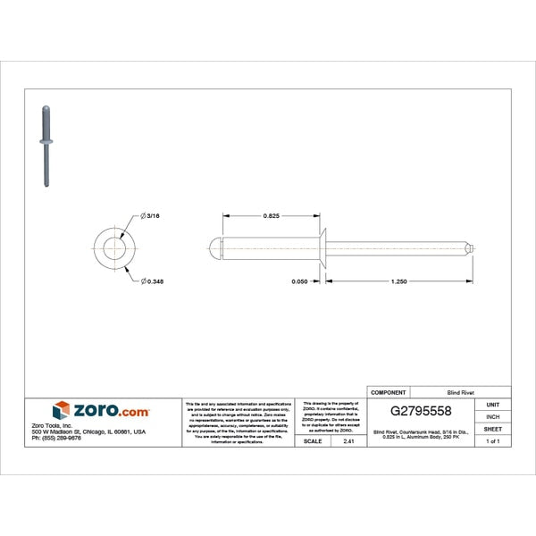 Blind Rivet, Countersunk Head, 3/16 in Dia., 53/64 in L, Aluminum Body, 250 PK