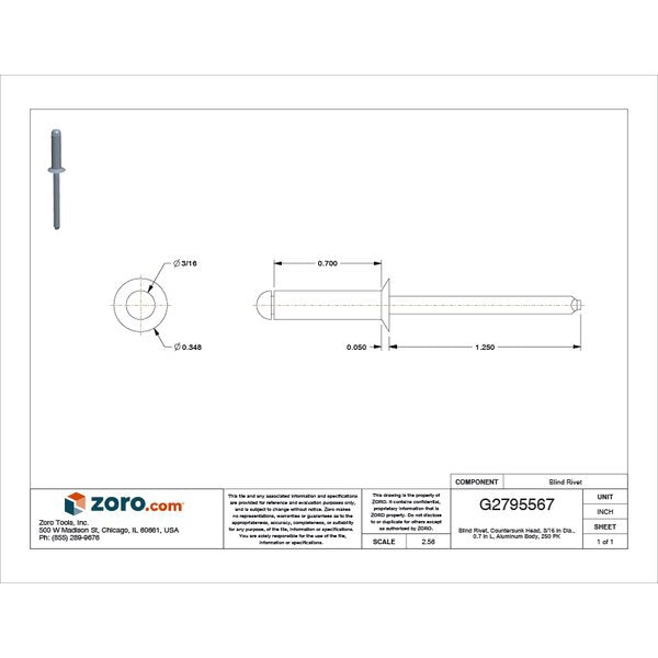 Blind Rivet, Countersunk Head, 3/16 in Dia., 45/64 in L, Aluminum Body, 250 PK