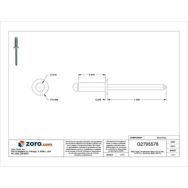 Blind Rivet, Countersunk Head, 3/16 in Dia., 37/64 in L, Aluminum Body, 250 PK