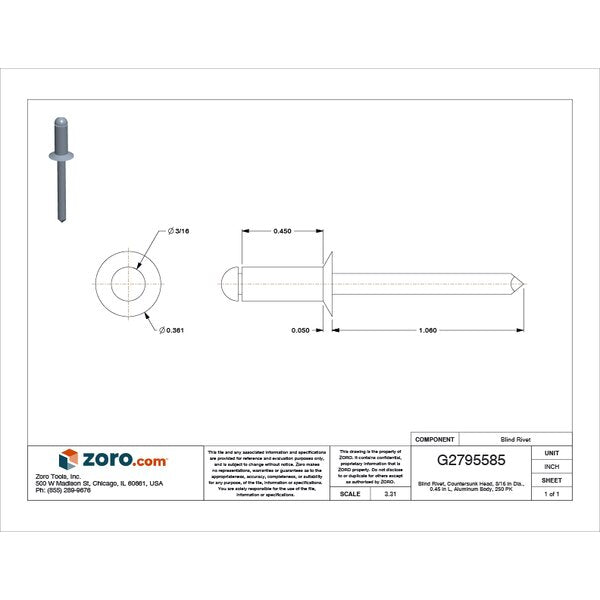 Blind Rivet, Countersunk Head, 3/16 in Dia., 29/64 in L, Aluminum Body, 250 PK