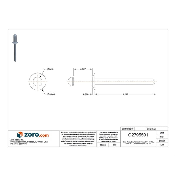 Blind Rivet, Countersunk Head, 3/16 in Dia., 25/64 in L, Aluminum Body, 250 PK
