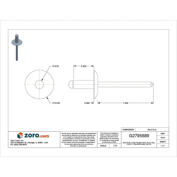 Blind Rivet, Flanged Head, 3/16 in Dia., 29/64 in L, Aluminum Body, 250 PK
