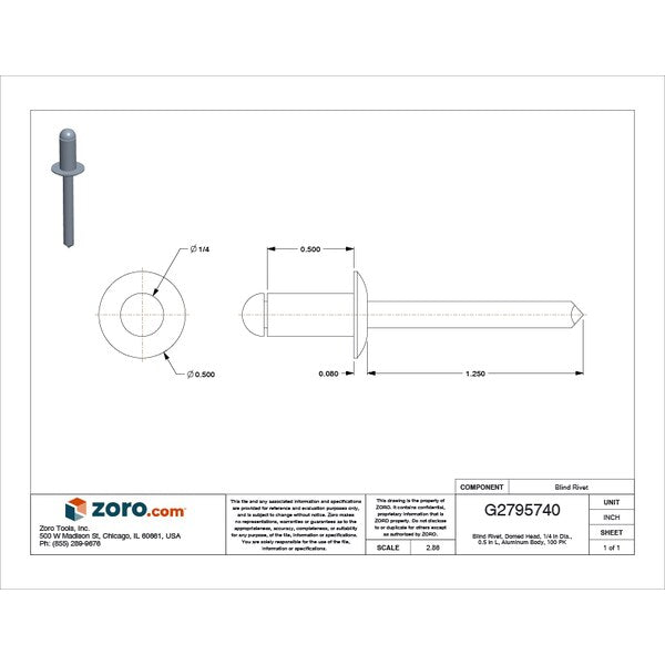 Blind Rivet, Dome Head, 1/4 in Dia., 1/2 in L, Aluminum Body, 100 PK