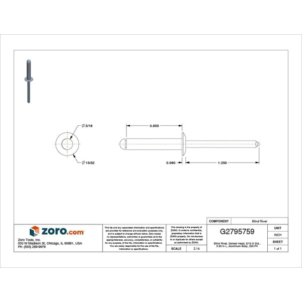 Blind Rivet, Dome Head, 3/16 in Dia., 61/64 in L, Aluminum Body, 250 PK