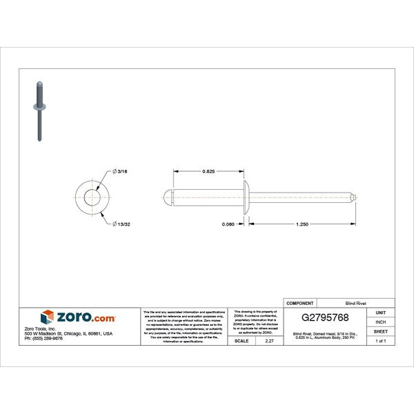 Blind Rivet, Dome Head, 3/16 in Dia., 53/64 in L, Aluminum Body, 250 PK