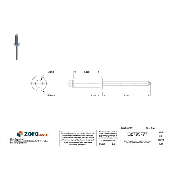Blind Rivet, Dome Head, 3/16 in Dia., 45/64 in L, Aluminum Body, 250 PK