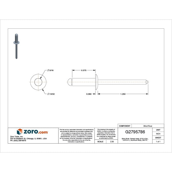 Blind Rivet, Dome Head, 3/16 in Dia., 37/64 in L, Aluminum Body, 250 PK