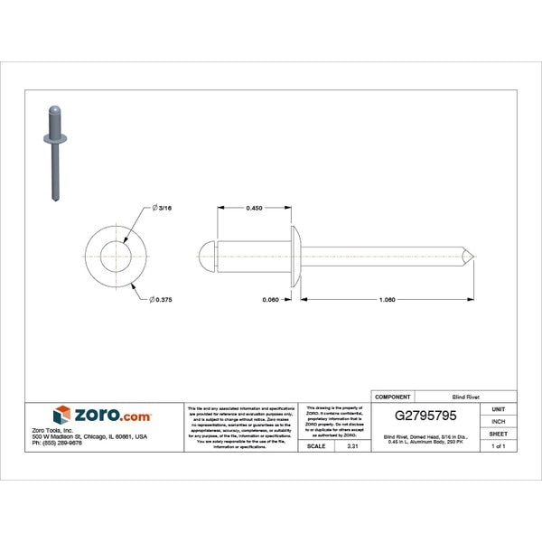 Blind Rivet, Dome Head, 3/16 in Dia., 29/64 in L, Aluminum Body, 250 PK