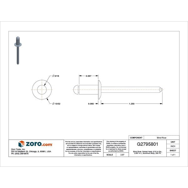 Blind Rivet, Dome Head, 3/16 in Dia., 25/64 in L, Aluminum Body, 250 PK