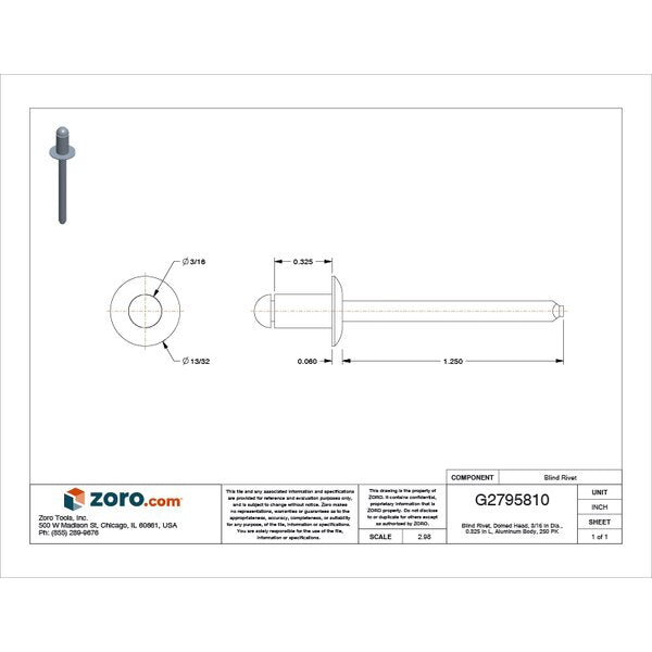 Blind Rivet, Dome Head, 3/16 in Dia., 21/64 in L, Aluminum Body, 250 PK