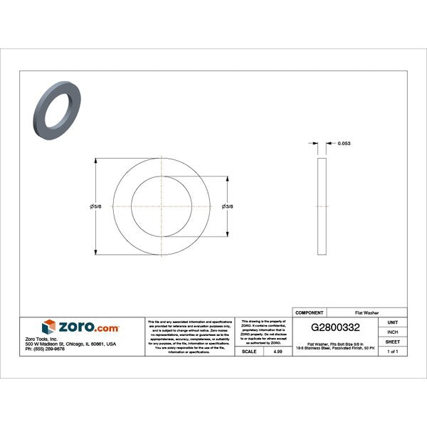Flat Washer, Fits Bolt Size 3/8 in , Stainless Steel Plain Finish, 50 PK