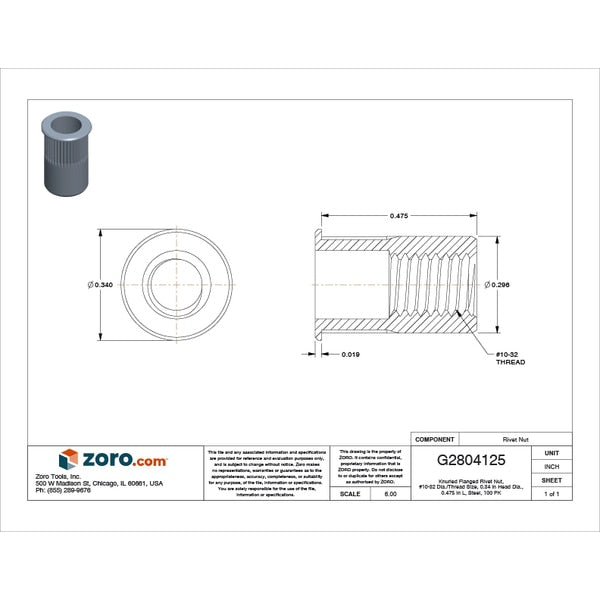 Rivet Nut, #10-32 Thread Size, 0.34 in Flange Dia., 0.475 in L, Steel, 100 PK