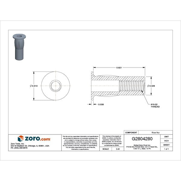 Rivet Nut, #10-32 Thread Size, 0.51 in Flange Dia., 0.921 in L, Steel, 10 PK