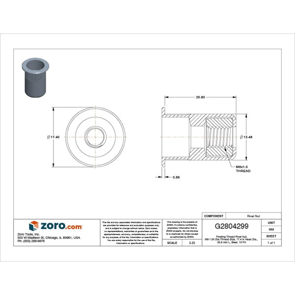 Rivet Nut, M6-1.00 Thread Size, 170.4 mm Flange Dia., 20.8 mm L, Steel, 10 PK