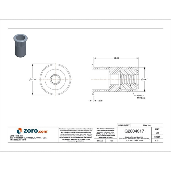 Rivet Nut, M4-0.70 Thread Size, 120.7 mm Flange Dia., 18.28 mm L, Steel, 10 PK