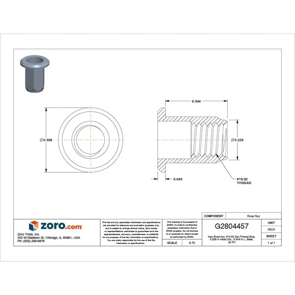 Rivet Nut, #10-32 Thread Size, 0.359 in Flange Dia., 0.344 in L, Steel, 25 PK