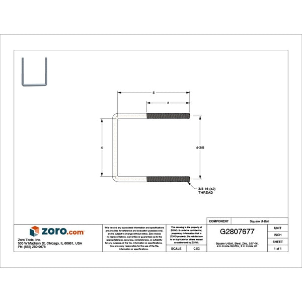 Square U-Bolt, 3/8