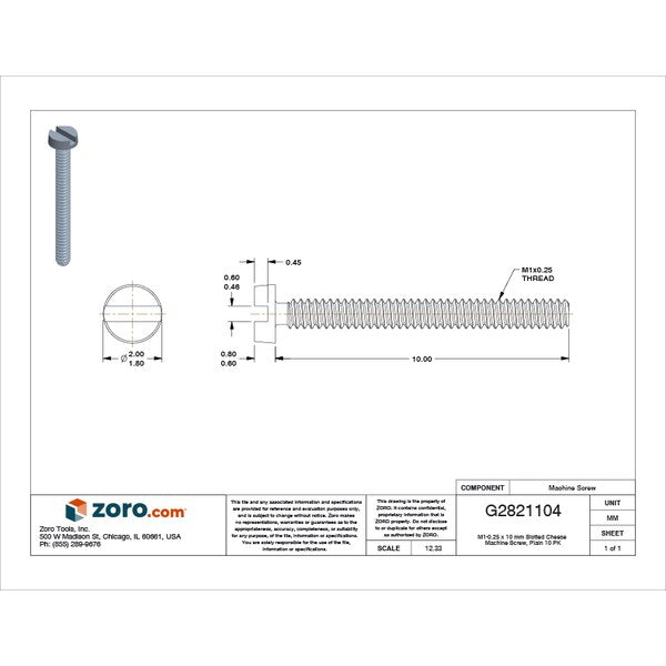 M1-0.25 x 10 mm Slotted Cheese Machine Screw, Plain 18-8 Stainless Steel, 10 PK