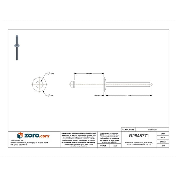 Blind Rivet, Dome Head, 3/16 in Dia., 51/64 in L, Aluminum Body, 250 PK
