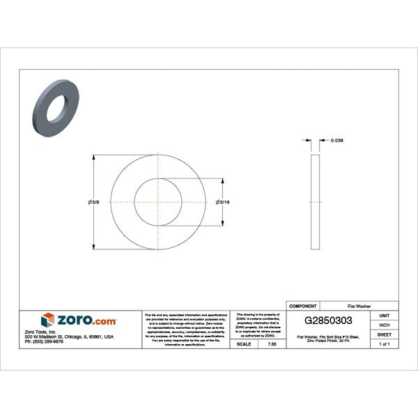 Flat Washer, Fits Bolt Size #10 , Steel Zinc Plated Finish, 50 PK