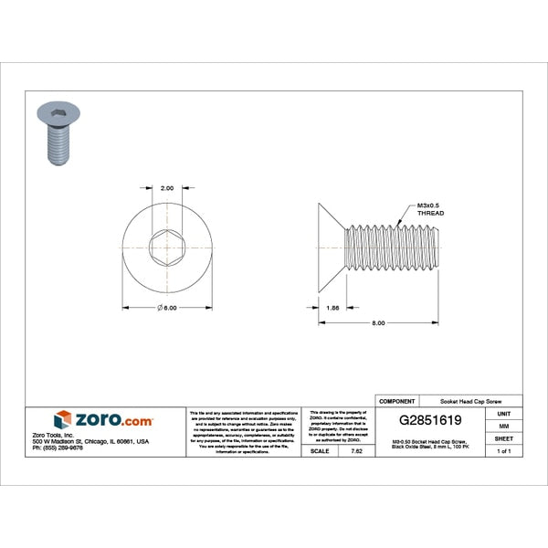 M3-0.50 Socket Head Cap Screw, Black Oxide Steel, 8 mm Length, 100 PK