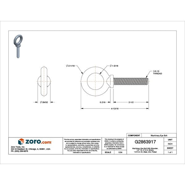 Machinery Eye Bolt With Shoulder, 1/2