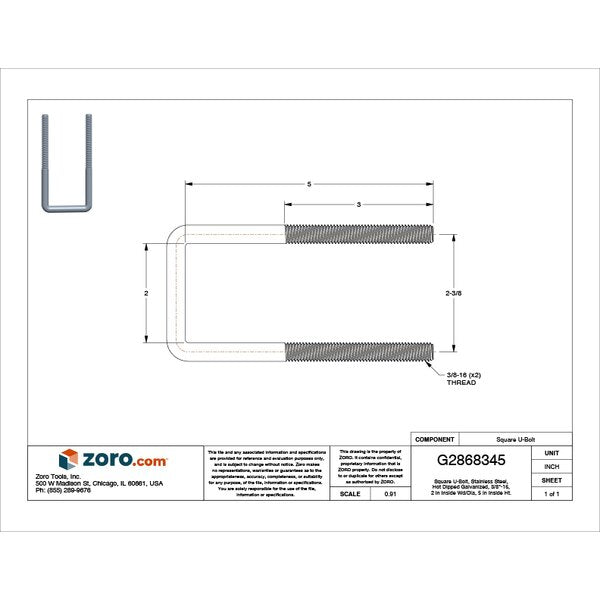 Square U-Bolt, 3/8