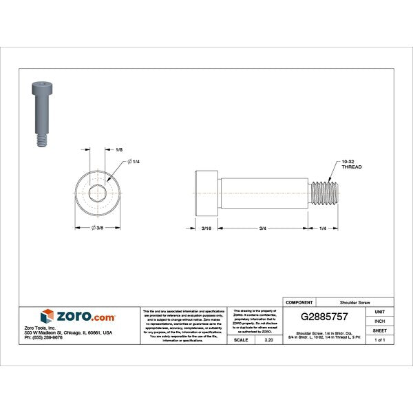 Precision Shoulder Screw, #10-32 Thr Sz, 1/4 in Thr Lg, 3/4 in Shoulder Lg, 18-8 Stainless Steel