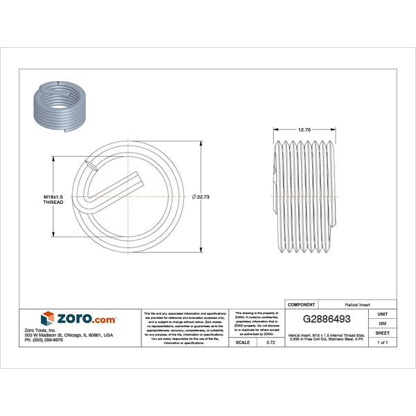 Tanged Helical Insert, Free-Running, M18-1.50 Thrd Sz, 18-8 Stainless Steel, 6 PK