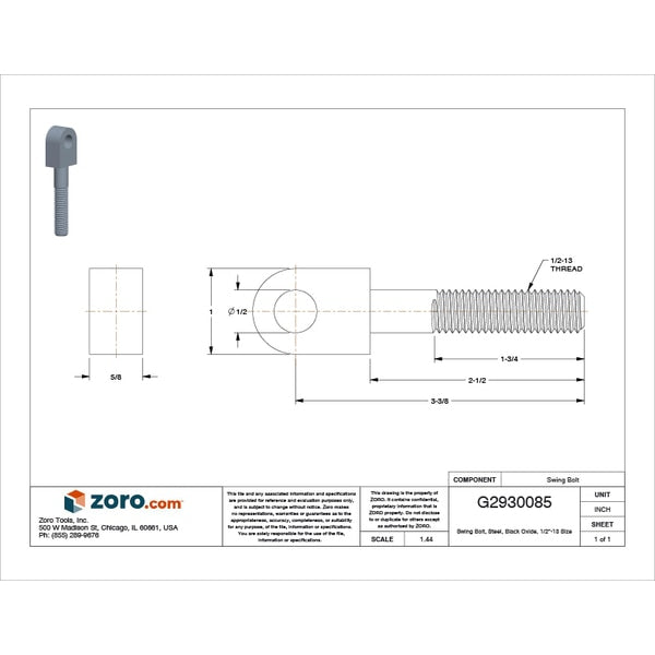 Swing Bolt, Steel, Black Oxide, 1/2