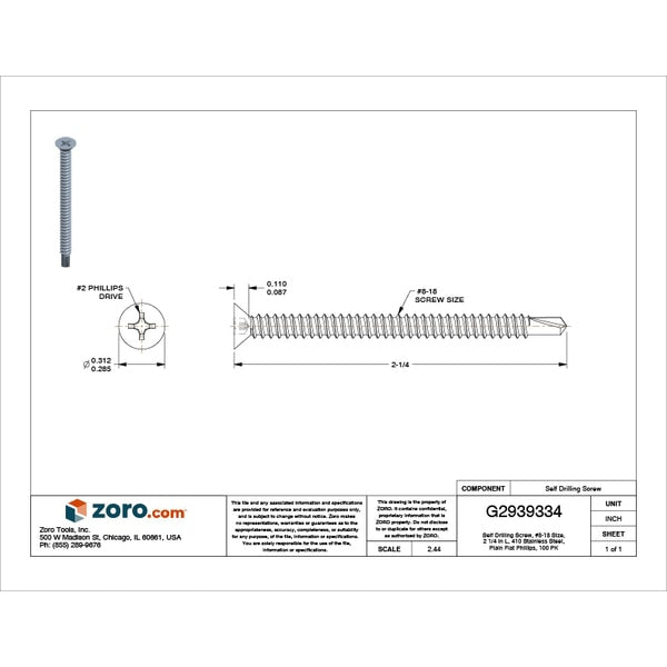 Self-Drilling Screw, #8 x 2 1/4 in, Plain 410 Stainless Steel Flat Head Phillips Drive, 100 PK